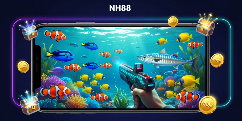 Minh họa giao diện bắn cá online nh88 với đồ họa sống động và các loài cá đa dạng