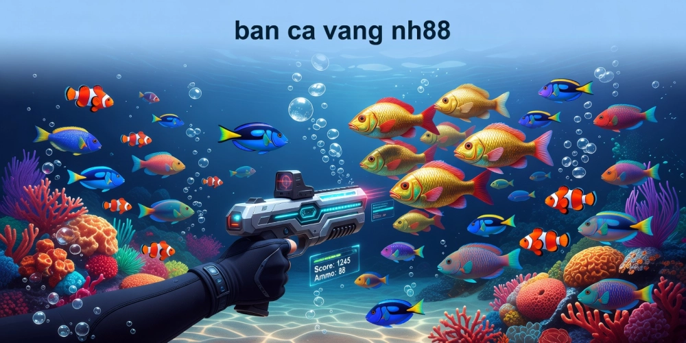 Minh họa giao diện trò chơi bắn cá vàng nh88 với cá đa sắc màu và súng bắn sống động