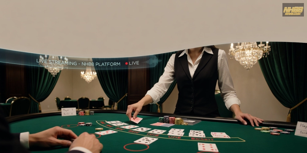Khái niệm baccarat live casino nh88 được minh họa qua dealer chuyên nghiệp và bàn bài hiện đại