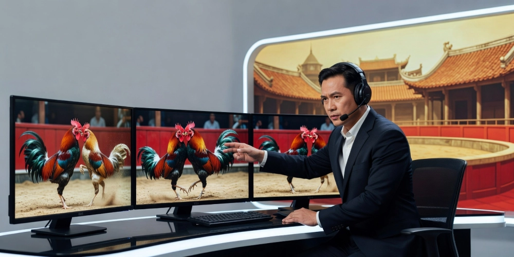 Hình minh họa khái niệm đá gà bình luận viên nh88 với bình luận chuyên sâu và livestream hấp dẫn