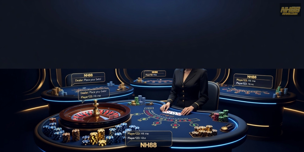 Hình minh họa giao diện live casino free nh88 với dealer chuyên nghiệp và trò chơi đa dạng