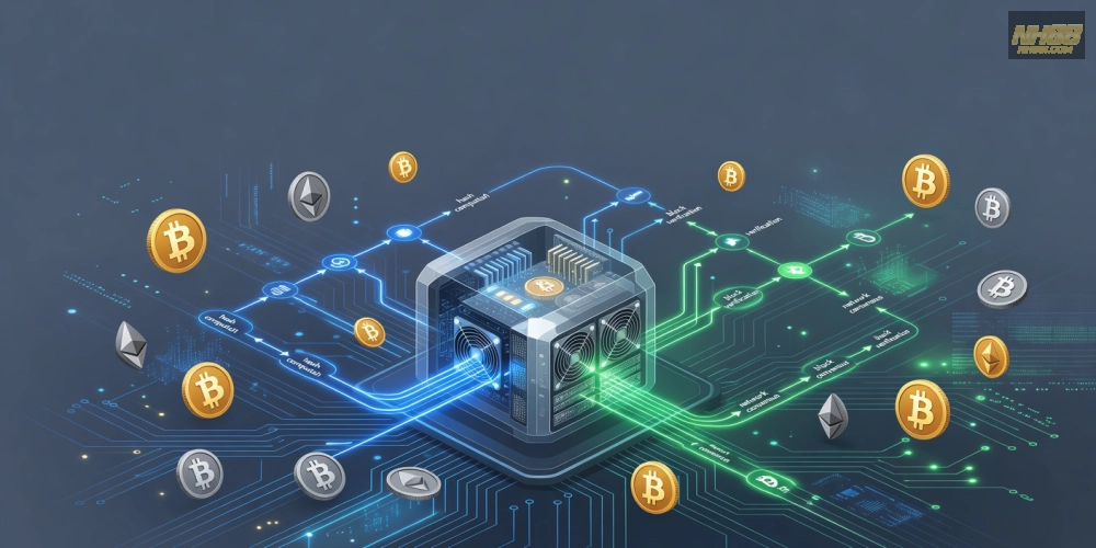 Minh họa khái niệm đào bitcoin nh88 qua biểu đồ mining đơn giản và dễ hiểu